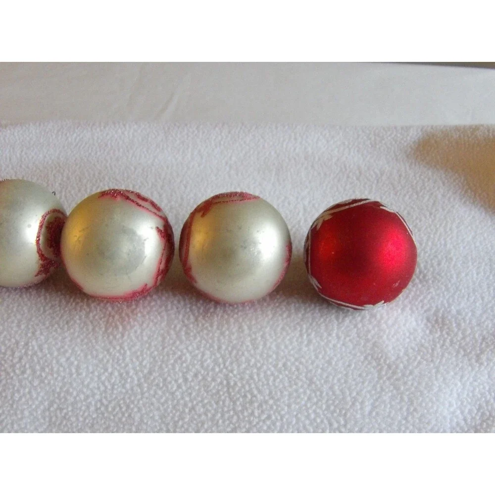 Vintage Lot 6x Glass Ball Red White Glitter Christmas Ornament Flower 1.75